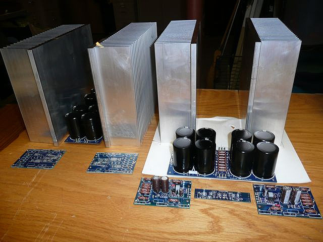 Aleph J - X version monoblocks under construction with 4 boards, 2 daughter boards and big heatsinks...