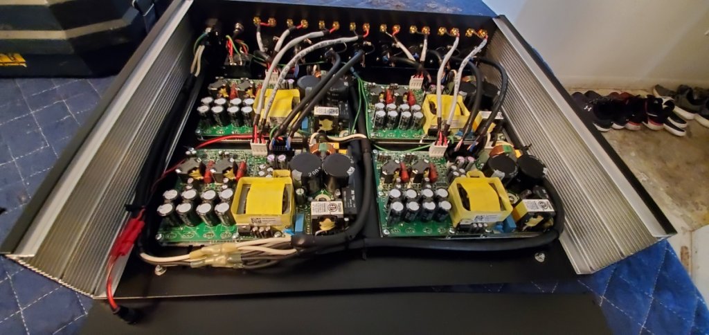 Nc252mp x 4 build. 250 wpc @ 4 ohms. I think 150 at 8 ohms. Put the 12v trigger on a switch. Added heatsink.
Mains are not daisy chained on this one.