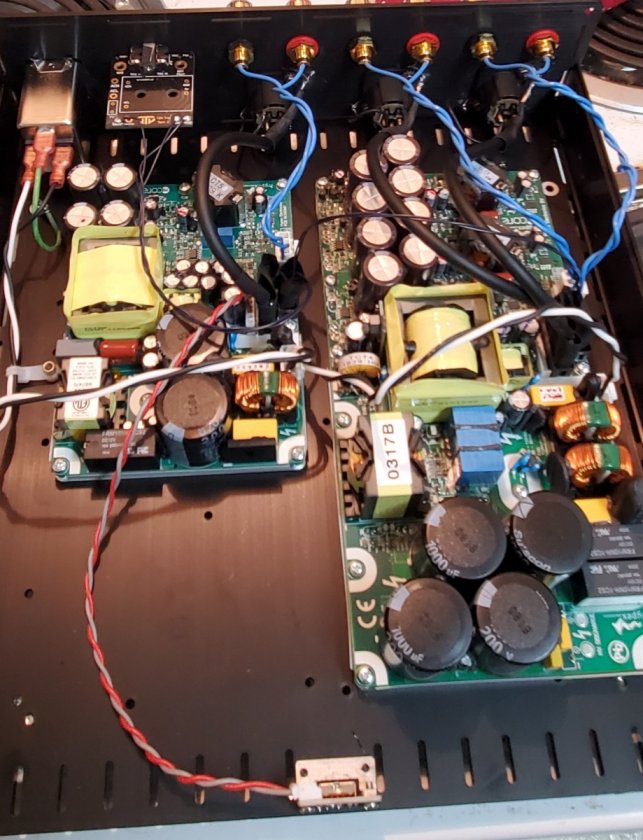 3 channel(nc 502mp nc500mp) soldered. 500 w 4 ohms. Around 275 8 ohms. 12v trigger from VTV amplifier. Power daisy chained.