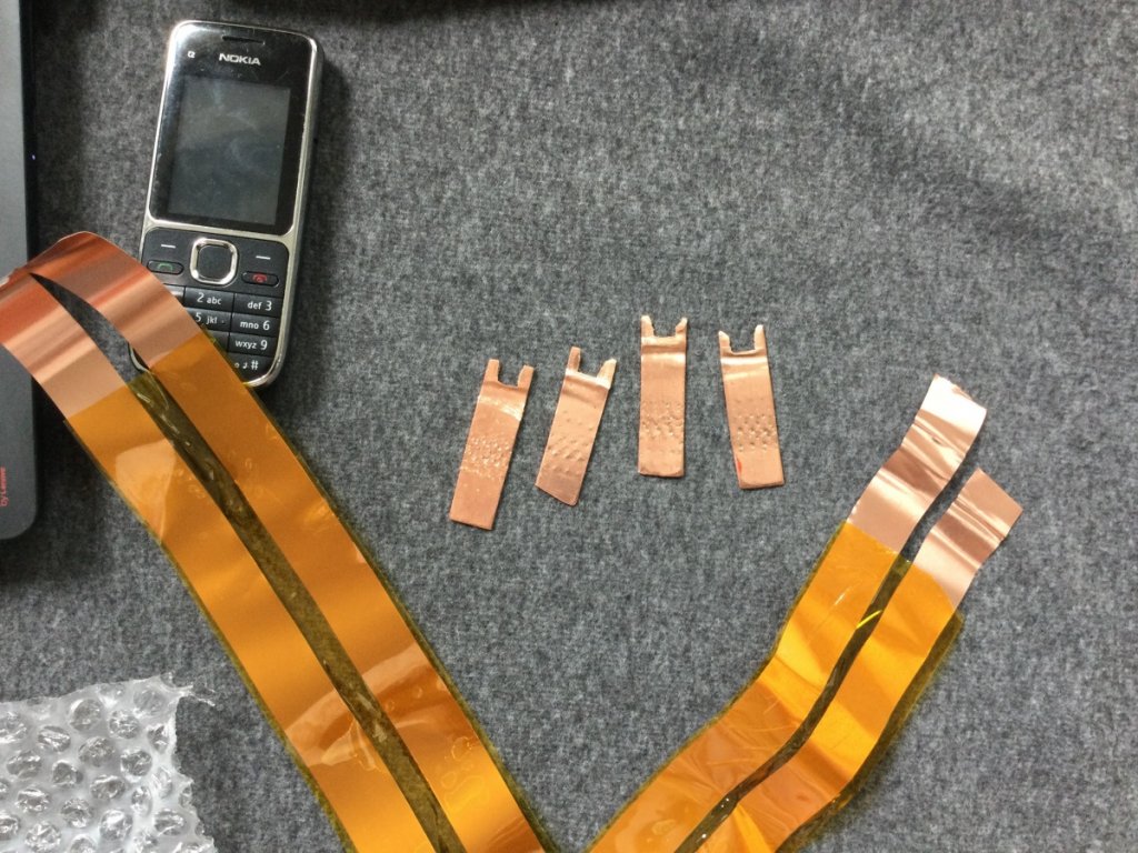 Copper foils I made with Polyimide and some banana spades I made from a 0,8 mm thick copper material.