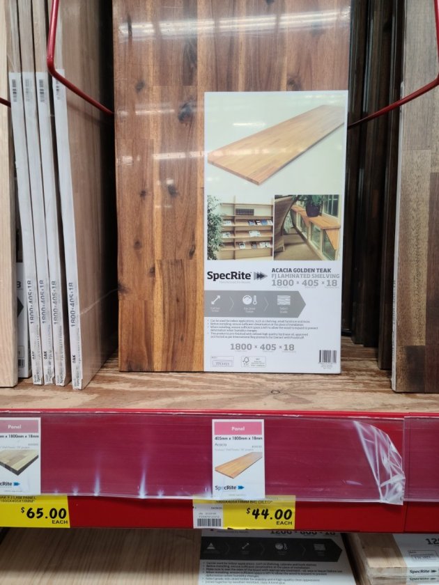 Bunnings Acacia Golden Teak FJ laminated shelving