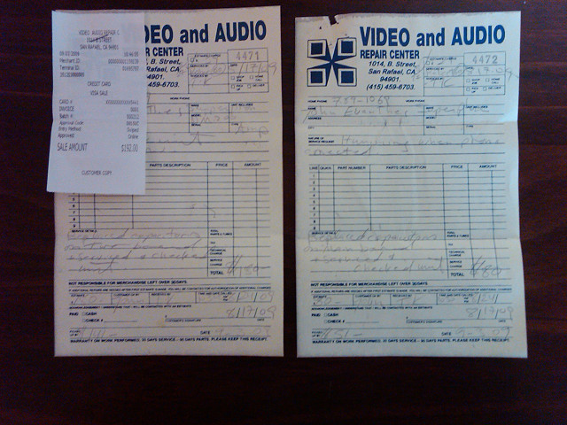 Service invoices from Video & Audio in San Rafael, CA dated August 17, 2009