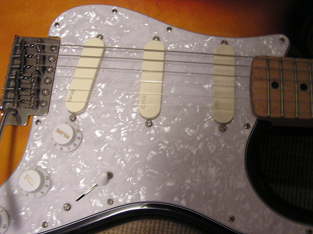 Close-up of EMG DG-20 active pickups on 1998 (?) MIM Fender Stratocaster.