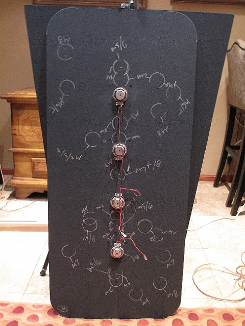 Test Panel 3 showing all the various exciter placements by Mod #

(Picture of Mod 10 which was a return to original of Mod 0, 4 even spaced down the centerline)
