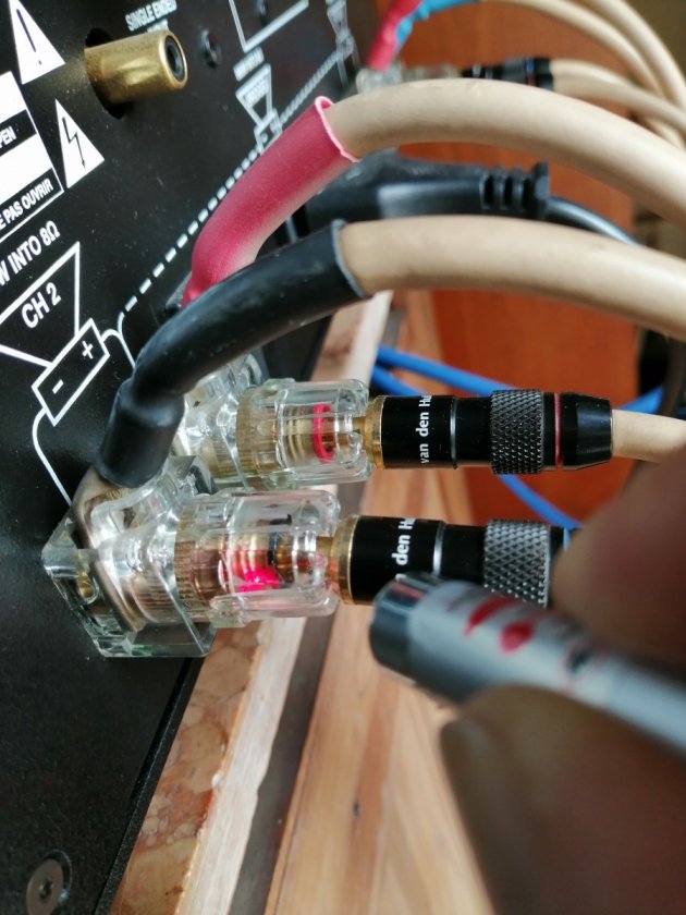 crack in the speaker binding post pointed with red light