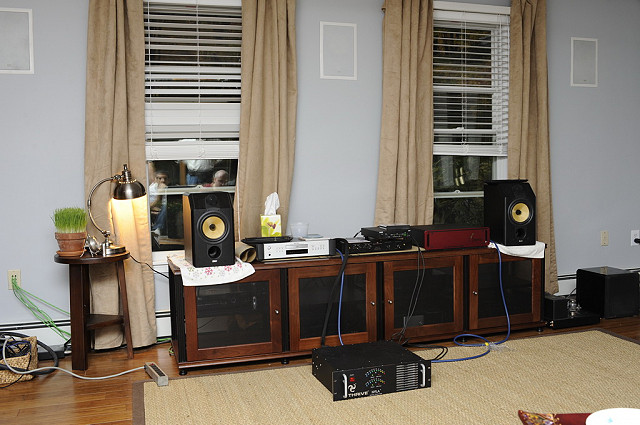 B&W speakers being driven by Thrive amplifier