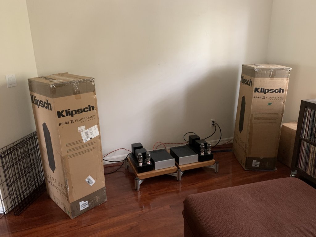 Speakers covered with Klipsch boxes.