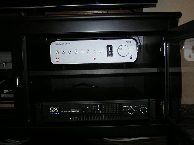 Peachtree Audio Nova; QSC RMX850 (with quiet fan; to power sub in bridged mode).