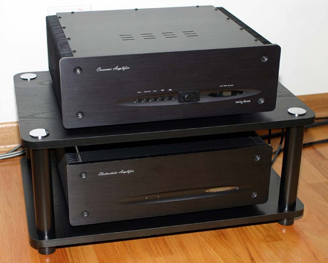 Inner Sound MK II remote controlled active crossover bass amp and Sanders Sound Systems ESL amp. Both amps 600WPC @ 4 ohms.