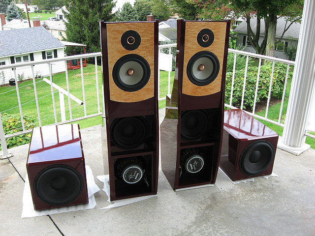 Pair of Linkwitz Orions in a Maroon finish and Quilted Maple. Also see the Thor subs flanking each Orion. Very, very nice.