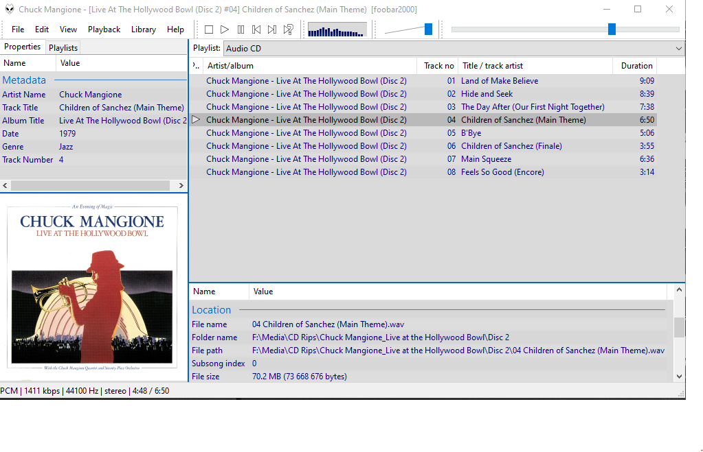 Chuck Mangione .wav file playing in Foobar 2000 showing metadata and image cover