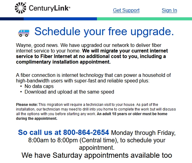 Century Link fiber email