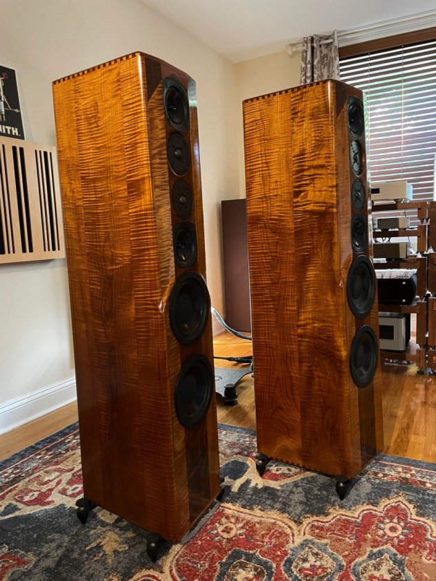 These don't come up for sale. It was Lou's personal pair, the one he took to shows. I bought it from him about two years ago, 09/02/2020. The speakers were upgraded with Eton tweeters and crossover upgraded with Dueland/Mondrof capacitors. They are a beautiful solid torrified maple, with decorative walnut strip running down the middle. The bespoke speakers are beautiful to look at and sound amazing. I'll include the outriggers (a $400 value) with the speakers. Sadly I can't keep them anymore because I'm downsizing to a smaller apt and they would over power the room. These beauties are 97.5 db sensitive, I drive them with my Luxman 300B amp with ease. I am willing to deliver the speakers anywhere in the NY tri-state area. Buyer pays shipping if I have to ship them.
