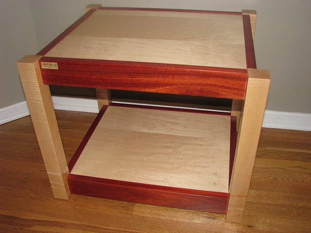 HHG Stands Alta Rack Bloodwood rails, Tiger Maple posts, Maple veneer shelf.