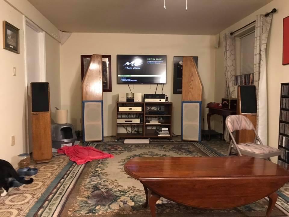 My (CJ) Synthesis SRS Speaker System in modifications stage.

Originally designed by Lew Johnson, Bill Conrad, and Dave Fokos. Dave is a brilliant designer and actually roomed in my home while these beauties were being designed.

This is my original set (Serial Numbers One and Two) that I bought in 1988. I have since then upgraded the Tweeters to the Dynaudion T330D's, added Teflon Capacitors, Changed Resistors to Non Inductive Film Resistors, Litz Wire Chokes, and Cardas Internal wiring. Rebuilt the Electronic Crossover too.

They compete nicely with some of the best speakers today.

They still have the fastest deep bass even fast enough to mate with Electrostatics