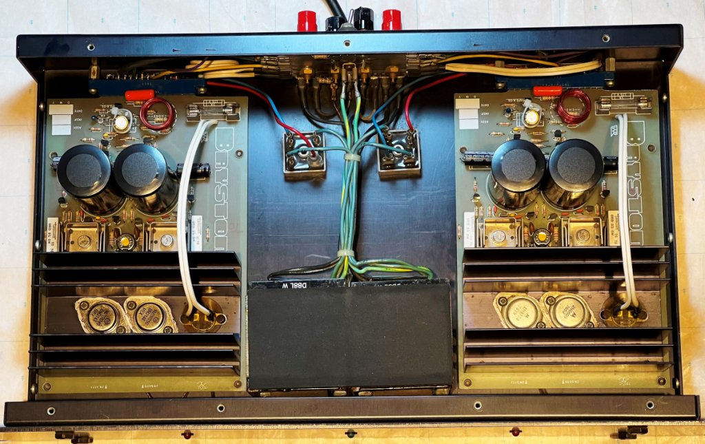 Figure 5: Internal view after repairs completed - new MJ 15024/MJ 15025 power transistors on left channel heatsink.