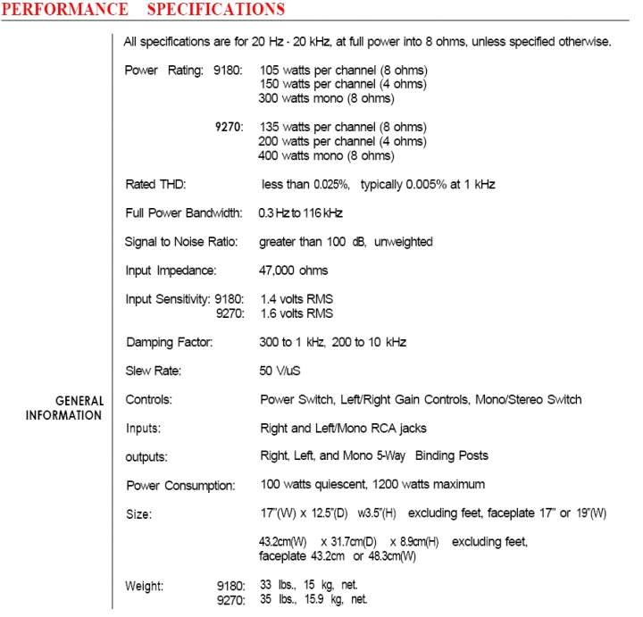 Hafler 9180 specs