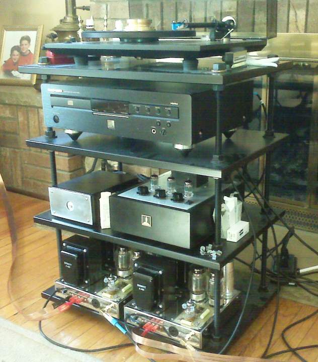 Turntable: Rega, P3.,
Top Shelf: Marantz, SACD, CD.,
Middle Shelf: Hagerman Bugle SS Phono Stage, Extended Bottlehead Foreplay III.,
Bottom Shelf: Dynakit Mark III., Bottlehead Seduction Phono Stage (In Progress).