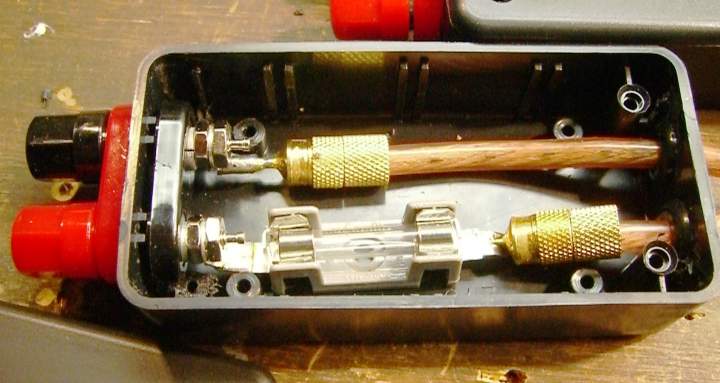 Oh S%&T!!!! prevention device. AKA Speaker Fuse, 5 way binding posts, Sound King wire, fuse holder and spade connector, plastic project box. Radio Shack Parts.
