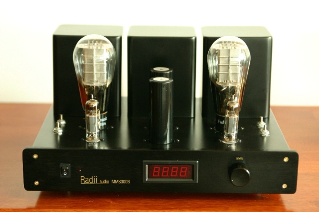 Front view of Radii Audio MMS-300B tube amp. Note digital bias meter and stepped attenuator on front panel.
