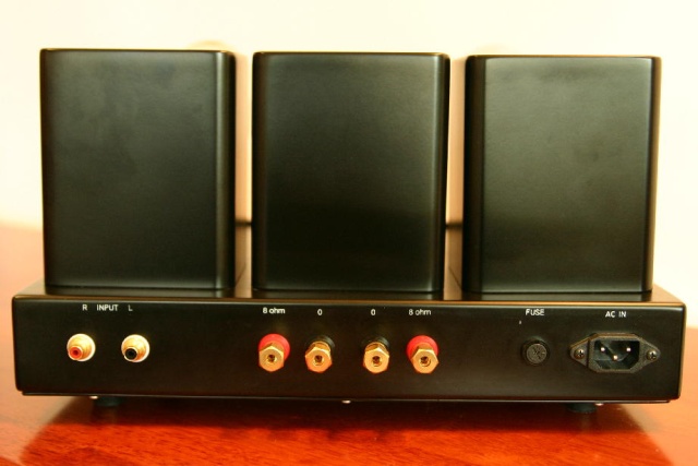 Rear of amp, showing RCA inputs, speaker terminals (2 pairs) and IEC power receptacle.