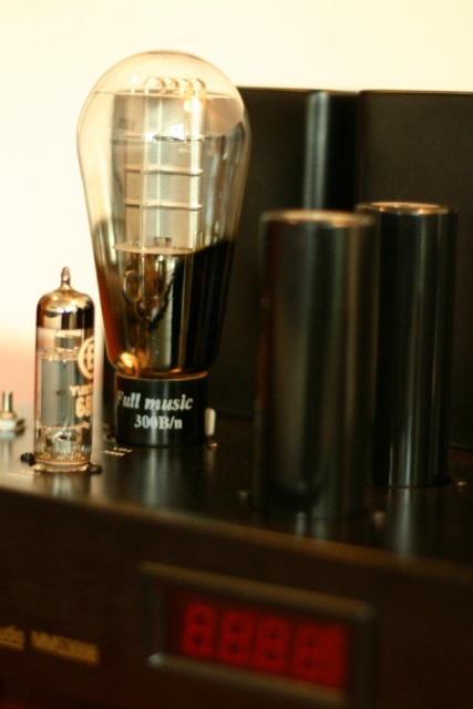 Closeup of TJ/Full Music 300B mesh plate tube. A very balanced sounding, highly rated 300B tube. Also shown is Yugo Ei 6BM8 tube in foreground.