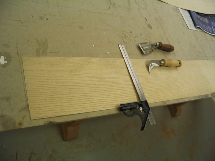 Cutting out the quartersawn ash veneer.