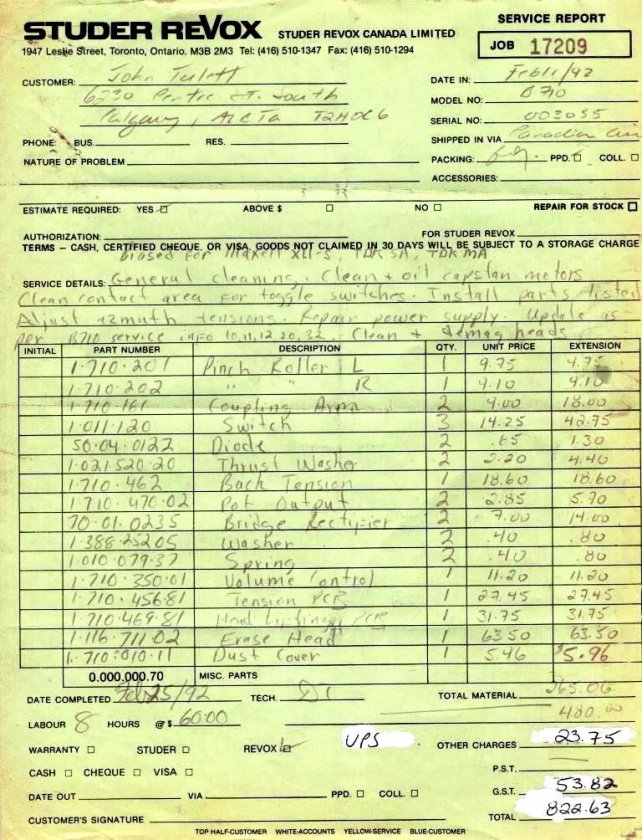 Studer Revox Canada, Service Report from February 1992