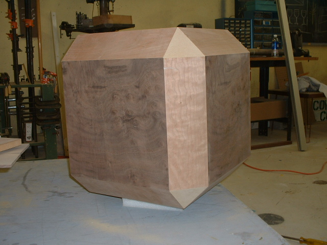 Randog Dymax sub in progress - 3.0 cu.ft Dymaxion subwoofer enclosure for AC member Randog. Veneered in Black Walnut burl and American Black Cherry.