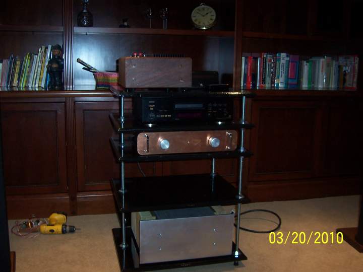 My 2 channel gear on a flexy rack, including a Pass F5, BOZ and modded Denon 2900