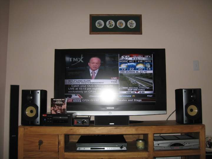 Living room system, with PSB Image B5 speakers naked, Virtue One amp