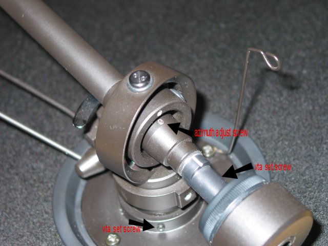 mmf-5 tonearm gimbal assy. note, to access the azimuth adjust screw the anti skating post must be removed