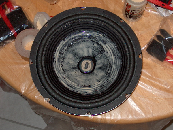 Elmers glue applied to VMPS Tower II passive radiator. This speaker needs more glue so that the entire paper surface is coated.
