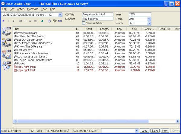 Exact Audio Copy showing Sony DRM tracks.
