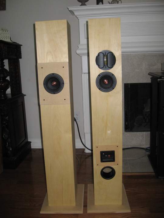 Front and back of the Jim Griffin full range MLTL bipole speakers with rear firing supertweeter.