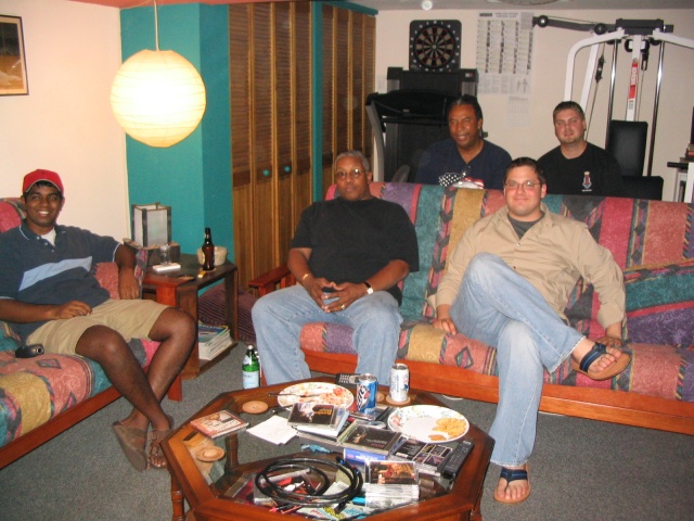 Da GAShouse gang--L/R that's Vasu, Sturg, Willie, our newest member, Paul, and Mike (Paul is smiling now but little does he know, he's in the sweet spot for his conversion to the Dark Side--Vinyl!)