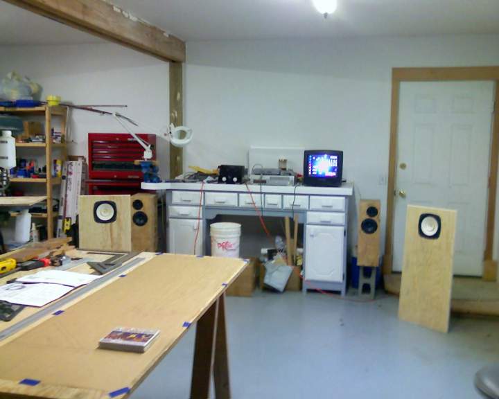 the shop system, with the OB break-in baffles, KT-88 SET amp, PS-one, Old Emerson DVD player for Video/DVD's, and the $5 13