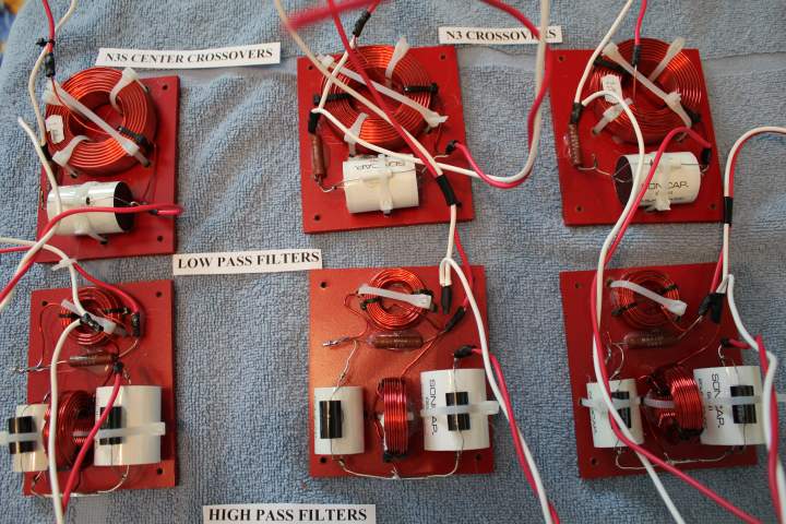 High and low pass crossover networks for N3S center channel and N3 TL towers speakers.