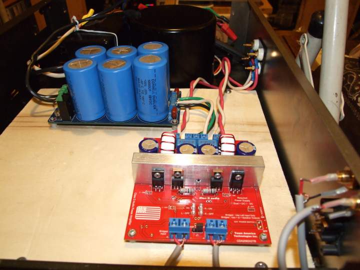 Power supply board repopulated with CD 80V caps. Total capacitance 40,000uF X 2. 
Empty space for second amp module.