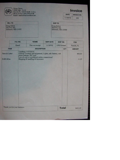 tandberg refurb invoice