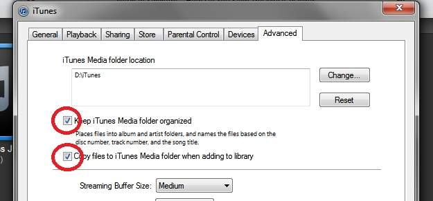 iTunes Advanced tab