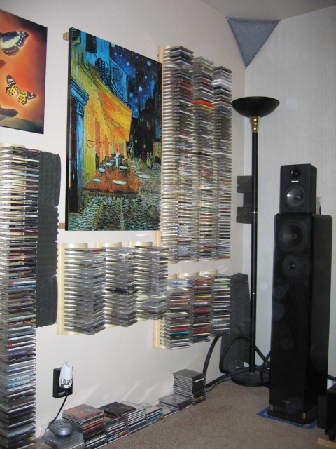 IKEA CD Storage Racks doubling as sound diffusors. Somewhat effective, but a royal pain when adding new CDs