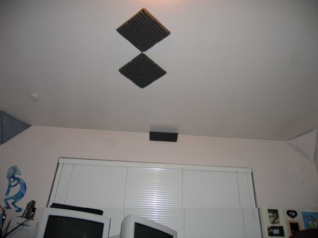 Two 1 inch Thick Wedge Acoustic Foam at 1st Reflection Point on Ceiling for the right speaker; single 4