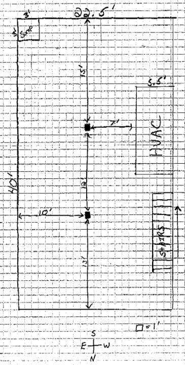 The unfinished basement space via graph paper.