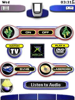 screencap of my Pronto home screen, with all power on/off function, Xbox, TV/cable, DVD, LD, SVHS (never used) and audio functions. Light button turns on Scene 1 and sends me to lights area