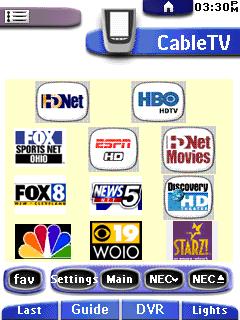 Home screen of TV/cable area, with bitmaps of all the most often used channels (mostly HD), including locals. Soft keys handle some remote volume and DVR functions