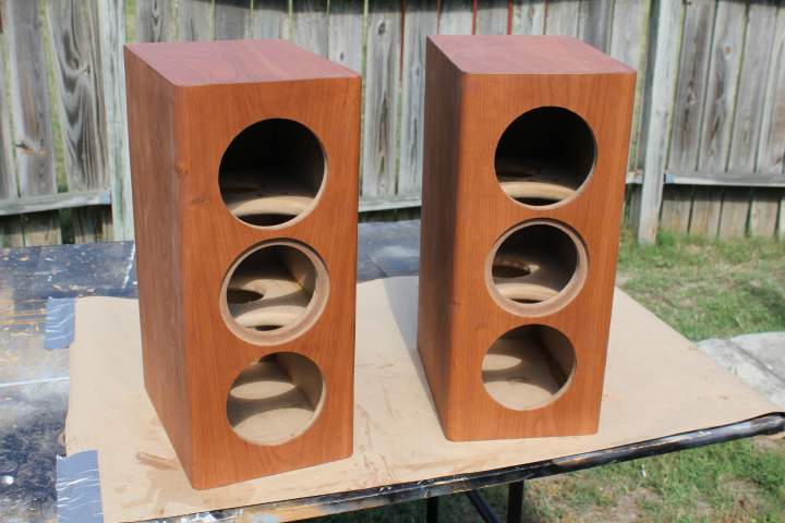 Unfinished N3S cabinet veneered in cherry with one (1) coat of MinWax PreStain applied