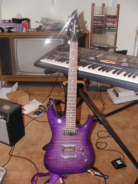 Purple Jackson AT2T Guitar, piece of crap casio keyboard, even worse fender practice amp, and one unused vacuum cleaner :)