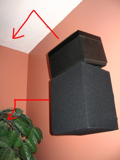 Rear suround Speakers. Cheap but located properly they sound acceptable. They are both mono directional. The lower speaker is covered in speaker fabric and is directed toward the rear wall. The upper speaker is tilted and directed towards the ceiling.