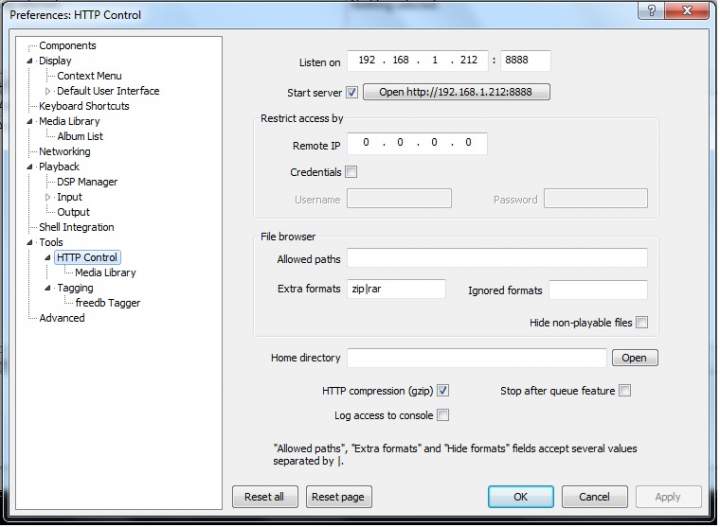 Foobar 2000 HTTP setup page